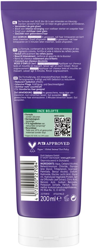 Achterkant van paarse Guhl Zilverglans & Verzorging masker tube met ingrediënten en gebruiksinstructies.