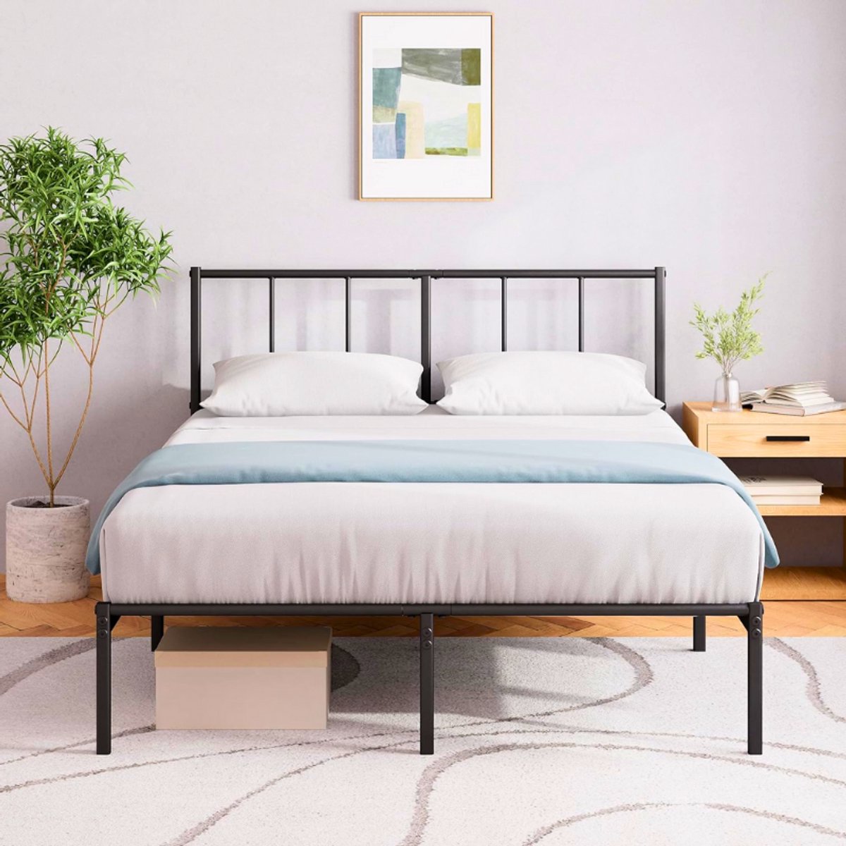 BOG Modern Metalen Bedframe 140 X 200 Cm - Bedhoogte 35 Cm - Met Hoofdbord En Lattenbodem - Zonder Boxspring - Vrije Ruimte Onder Bed - Zwart
