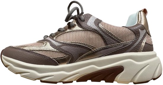 Zijaanzicht van roze Gabor Rollingsoft sneaker met metallic en bruine details, witte zool.
