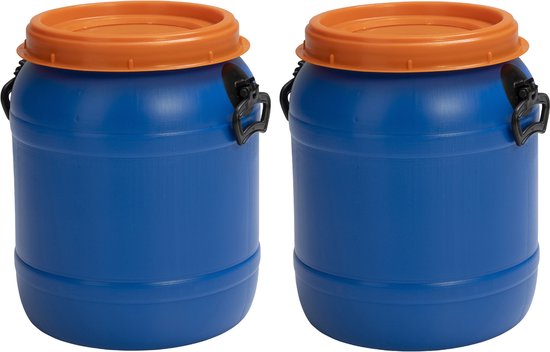 Twee blauwe kunststof containers met oranje deksels en draaggrepen.
