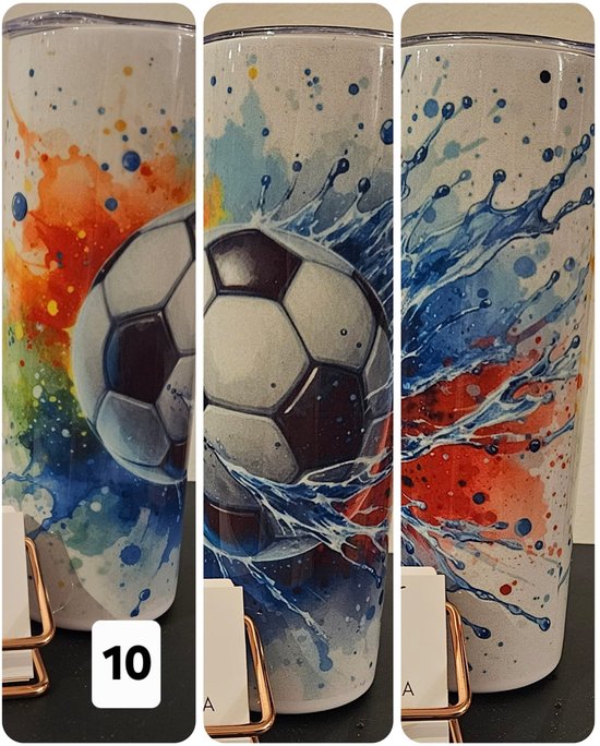 RVS tumbler met een aquarelprint van een voetbal met kleurrijke spatten.