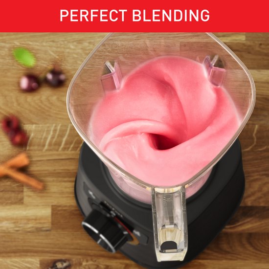 Roze smoothie draait in een transparante blenderkan. Tekst: PERFECT BLENDING.