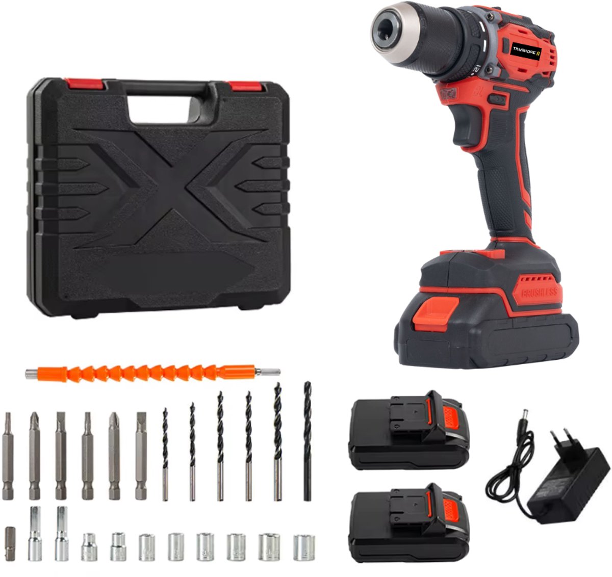 Truskore Borstelloze Boormachine – 2x 2000mAh Accu – Traploze Snelheid – Koperen Motor – Inclusief Accessoires – Rode