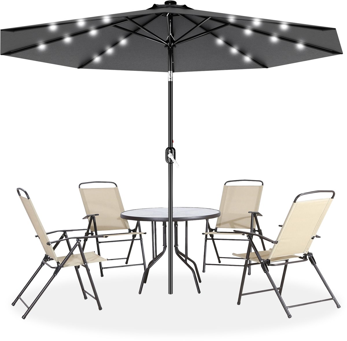 Aufun Zwevende Parasol Ø300cm met zwengel, met LED, UV-bescherming, Stuurbare tuinparasol voor terras, balkon en strand – Donkergrijs