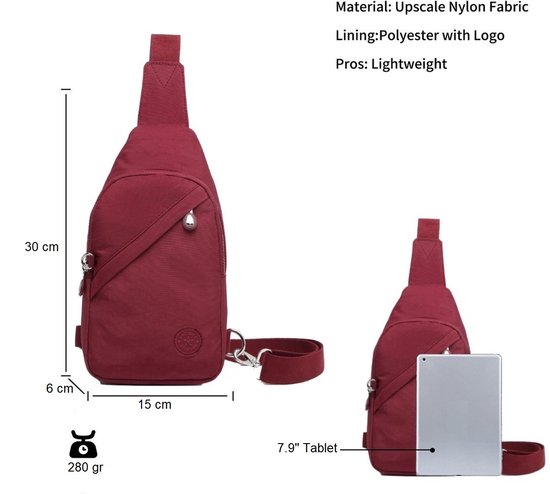 Bordeauxrode crossbodytas van nylon, 30x15x6 cm, lichtgewicht en past op een 7.9" tablet.