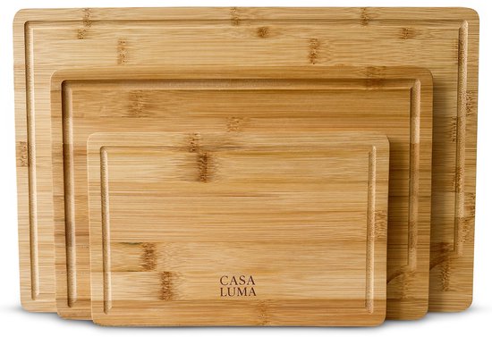 CASA LUMA Ensemble de Planches à Découper en Bambou 3 Pièces - Bambou Biologique Premium - Avec Gouttière à Jus - Durable - Planche à Tapas - Planche à Servir - Planche à Découper en Bois