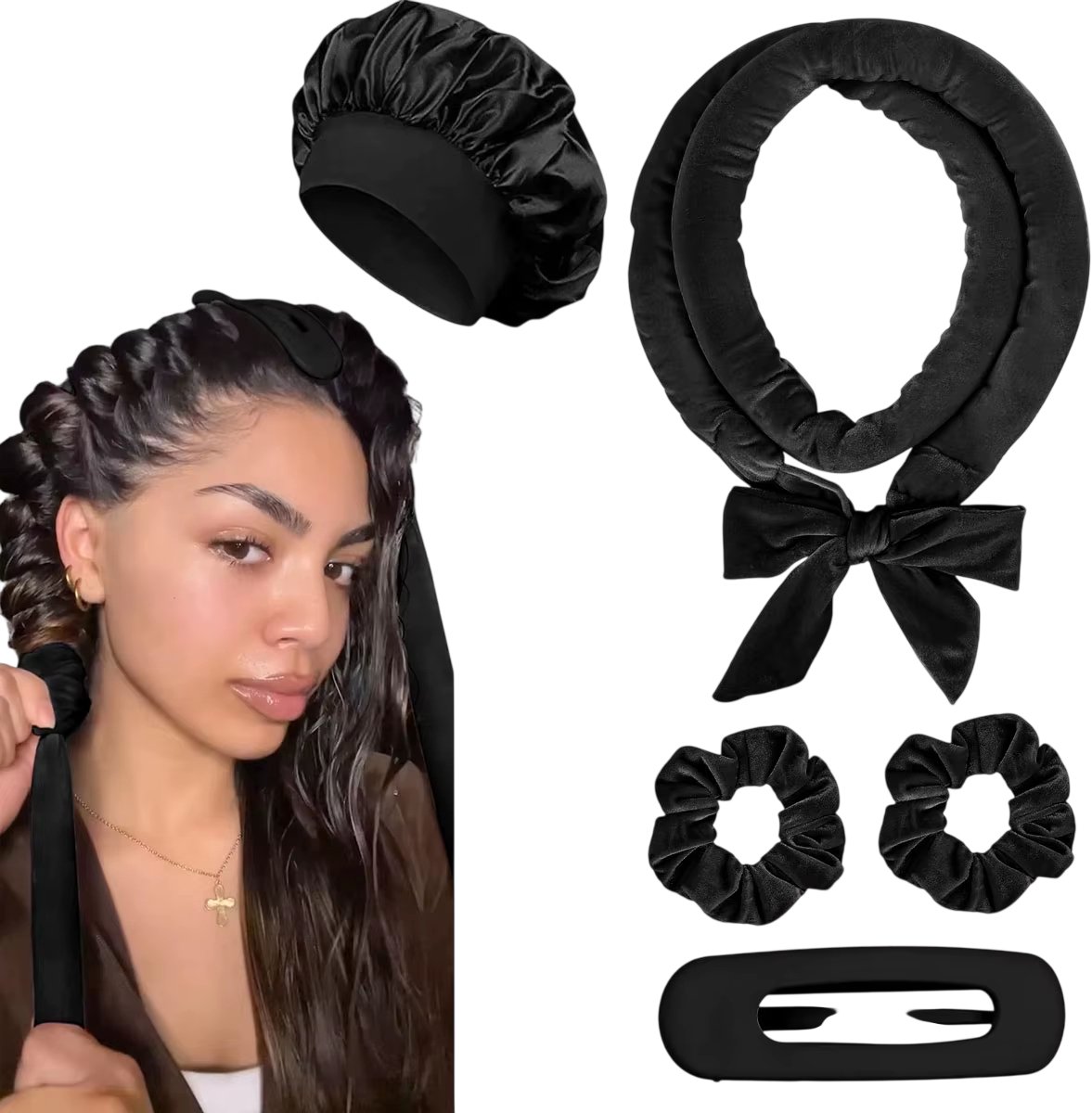 Warmteloze Haarkrullers & Krulband met Slaapmuts – Krullen Zonder Hitte, Heatless Curls Satijnen Curling Headband voor Slapen, Haar Kruller en Haar Accessoire voor Nacht en Styling - Zwart
