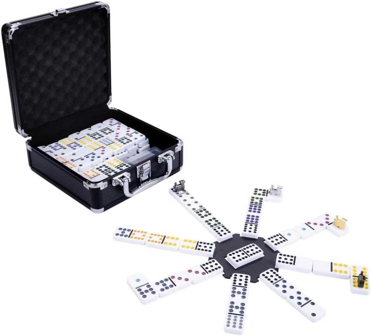 Domino Dubbel 12 Mexican Train – 91 Stenen met Gekleurde Ogen – Luxe Aluminium zwarte Koffer met Handvat – Inclusief Station & metalen Treinen – Strategisch Familiespel – Engelhart — afbeelding 4