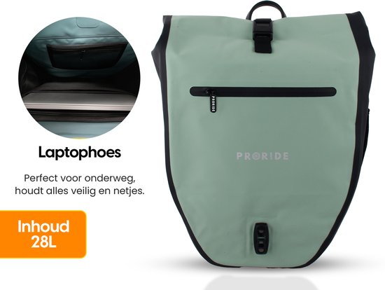 Enkele Fietstas Proride - 100% Waterdicht - 28 Liter - Pakaftas Elektrische Fietsen - Schoudertas - Inclusief Schouderband en Laptophoes - Bagagedrager - Reflector - Magnetische sluiting - Groen van FastRider — afbeelding 3