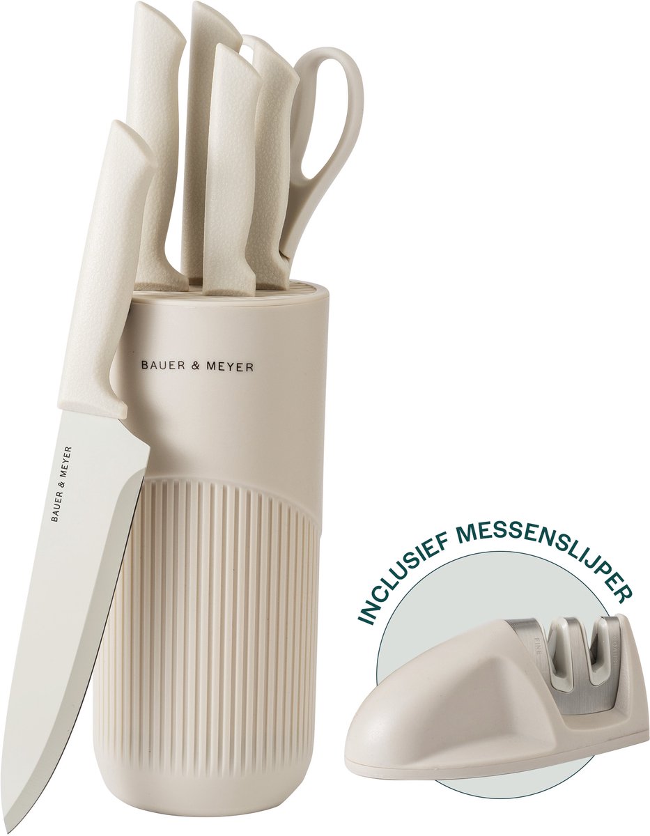 BAUER & MEYER® Messenset - Messenblok - 8-delig - Incl. messenslijper - Keukenmessen - Keukengerei - Oatmeal