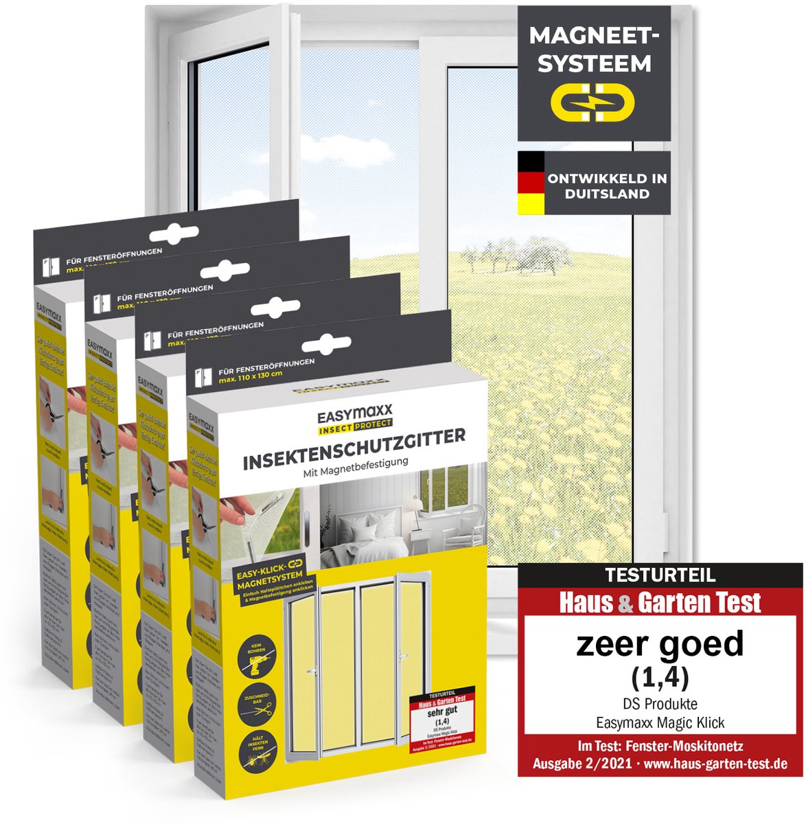 EASYmaxx Insect Protect vliegenhorren voor ramen met magnetische bevestiging | op maat te knippen muskietennet | insectenwering voor ramen tot 130 x 150 cm | muggenwering vliegenhor magnetisch - eenvoudige montage, wit. 4 stuks