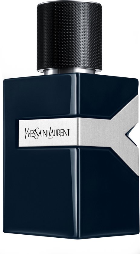 Donkerblauwe Yves Saint Laurent Y Eau de Parfum flacon met zilveren Y-logo en zwarte dop.