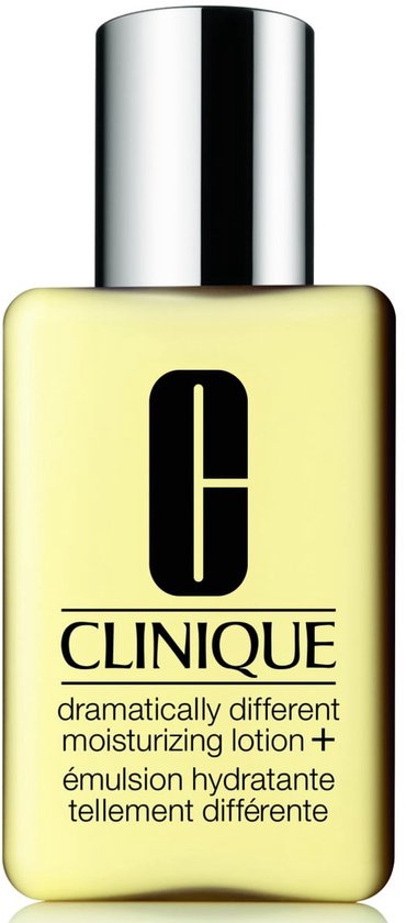 Fles Clinique Dramatically Different Moisturizing Lotion+ met zilverkleurige dop en pomp.