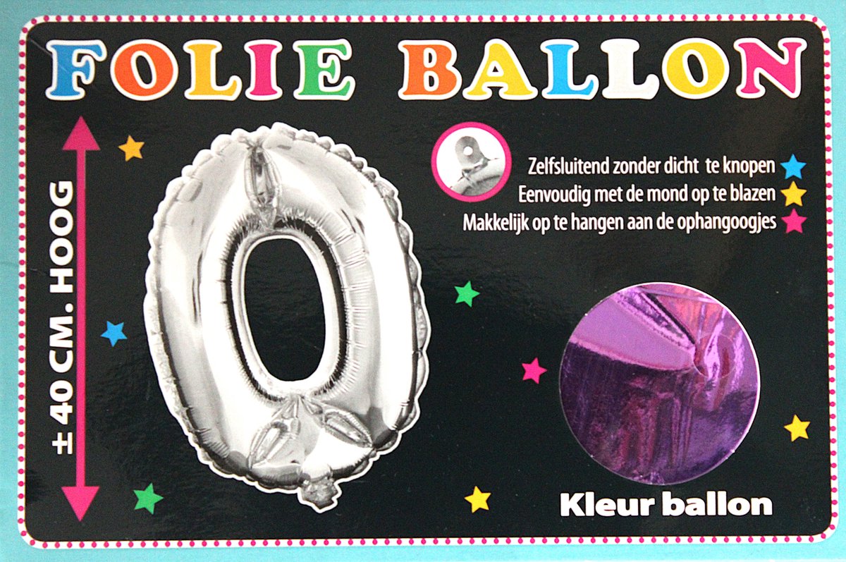 Folieballon - 0 - Cijfer Paars - 40cm - Folie - Ballon - Zelfsluitend - Eenvoudig Met Mond Opblazen - Ophangoogjes - Touche Cards