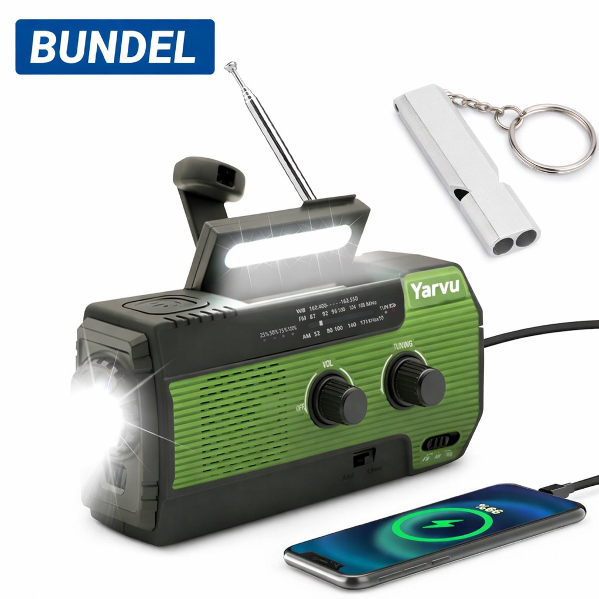 Yarvu ® Noodradio Solar Opwindbaar / Penlite Batterijen & Accu - Inclusief Noodfluitje - Noodpakket - Draagbare Survival Radio - 4000 mAh - Powerbank Zonneenergie - Bouwradio - met Zaklamp – Groen