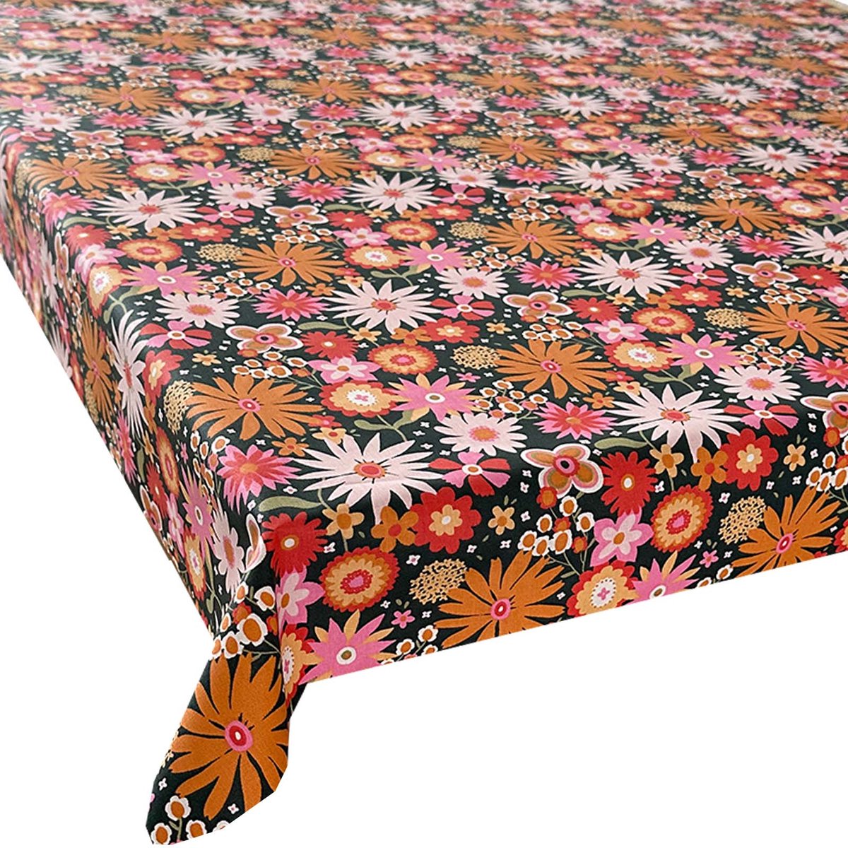 BINK Bedding Tafelkleed / Tafelzeil Happy Flower – Acryl Gecoat Katoen – Afneembaar & Wasbaar – 100x145 cm – Zwart, roze, rood, oranje