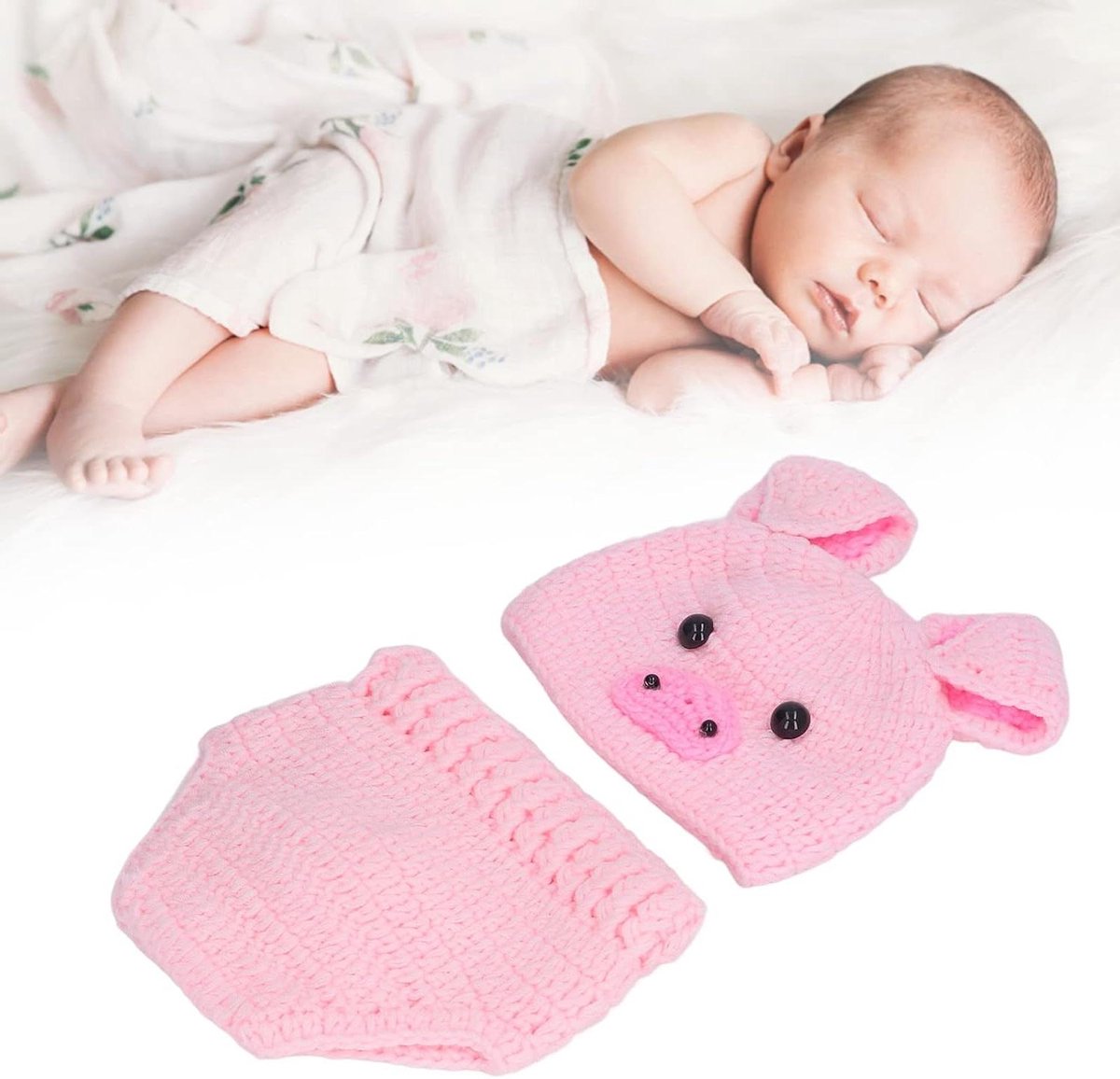 MK Stoer - Gebreid kostuum - Gehaakt cartoon - Pasgeboren baby's - Roze varken - Babyfoto - Prop outfits - Geschikt voor pasgeboren baby's - Roze gebreid varken kostuum met hoed