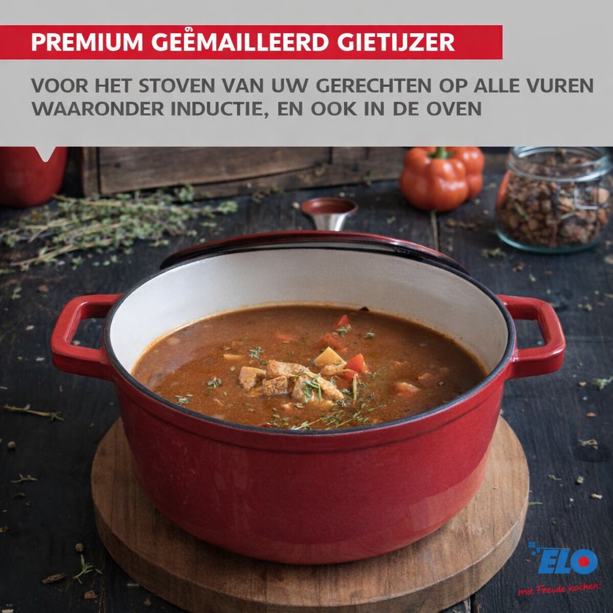 Ovale gietijzeren braadpan geëmailleerd 33 cm lang kersenrood 4,9 L Elo