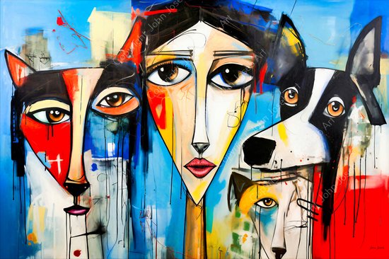 JJ-Art (Toile) 60x40 | Femme avec chiens, abstrait dans le style Herman Brood, coloré, couleurs vives, art, chien, animal, humain, jaune, rouge, bleu, moderne | Impression sur toile Photo-Painting (décoration murale)