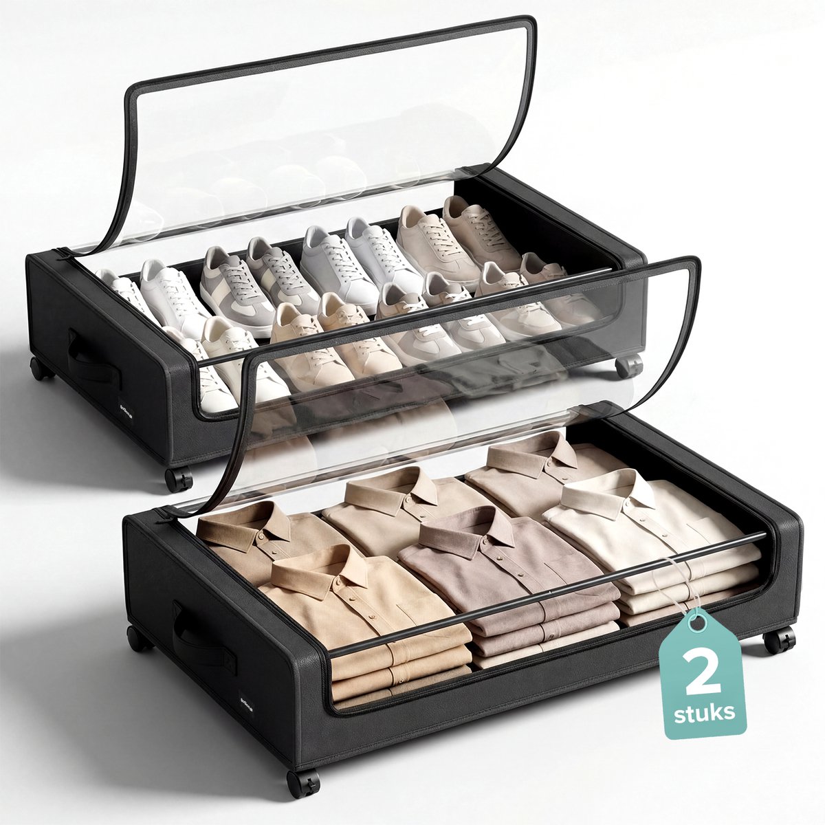 GoGoods® Opbergbox met Deksel 2x - Kleding en Schoenen Opbergsysteem - 36L - Met Wielen - Transparant/Zwart - 80x43x16 cm