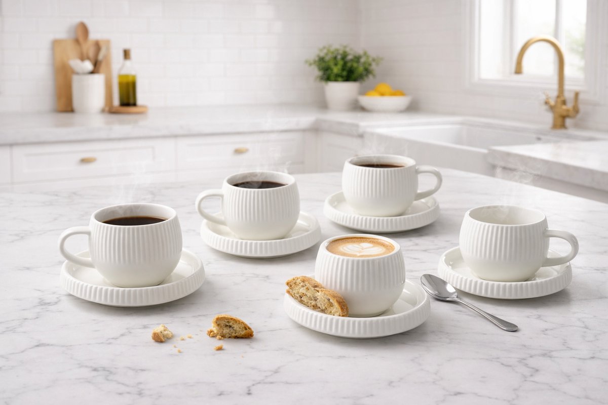 Mevaz Lines Espresso Kopset 120 ml – 6 Kopjes met Schotels | Ribbel Design Porselein | Vaatwasserbestendig