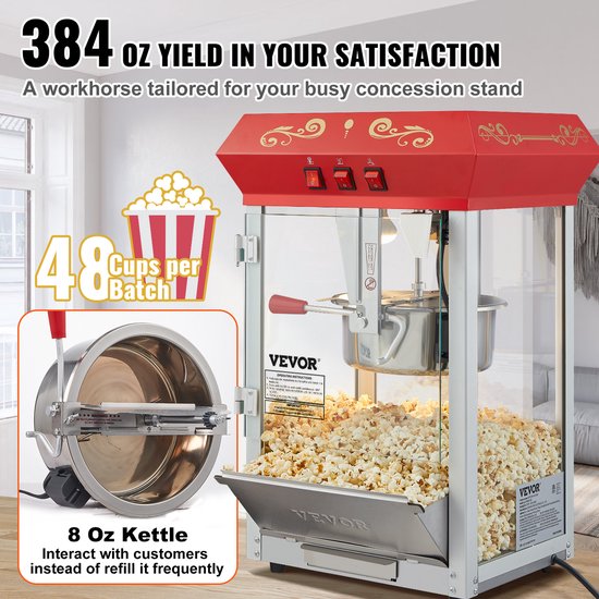 VEVOR Popcornmachine Maker Popcornmachine Popcornmachine 850W Popcorn 8oz Rood — afbeelding 5