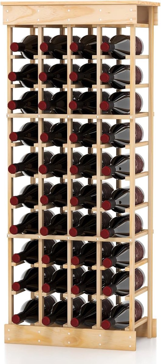 KOMFOTTEU Flessenrek op standaard voor 40 flessen, flessenrek met 10 niveaus van grenenhout, verticale opslag voor keuken, wijnkelder, 46,2 x 27,5 x 113,2 cm