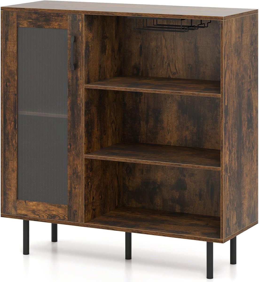 KOMFOTTEU Dressoir, wijnkast van hout met in 5 standen verstelbare plank en open vakken, industriële keukenkast met metalen poten en glazen houders, voor keuken, restaurant en bar, bruin