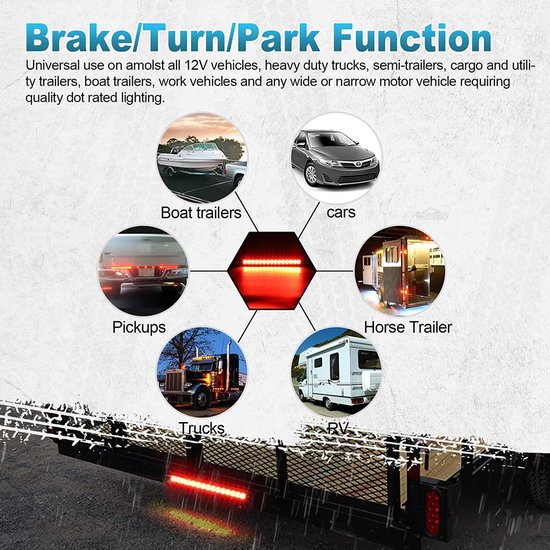 Diagram dat de universele toepassing toont van een rode LED-lichtbalk op verschillende voertuigen: boot-aanhangers, auto's, paardentrailers, campers, pick-ups en vrachtwagens.