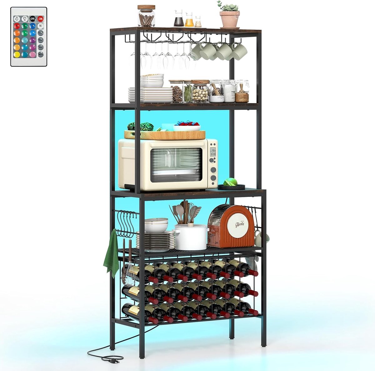 KOMFOTTEU Keukenrek met stopcontact, wijnrek voor 24 flessen & magnetron, bakkersrek met 3 houten planken & 8 haken & 4-kleurige verlichting, staand rek in industriële stijl voor keuken, woonkamer & thuisbar