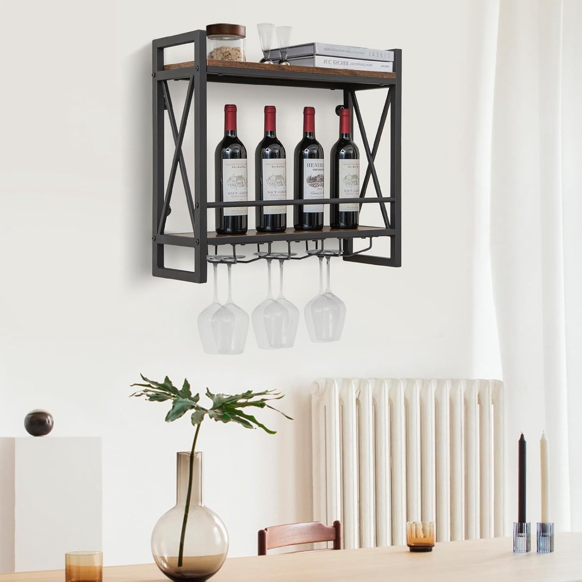 KOMFOTTEU Wijnrek voor aan de muur, flessenrek hout met metalen frame, decoratief wandrek met bekerhouder voor glazen, flessenhouder voor bar, keuken, woonkamer (60 x 20 x 55 cm) — cadeau in Wonen & Interieur - foto 2