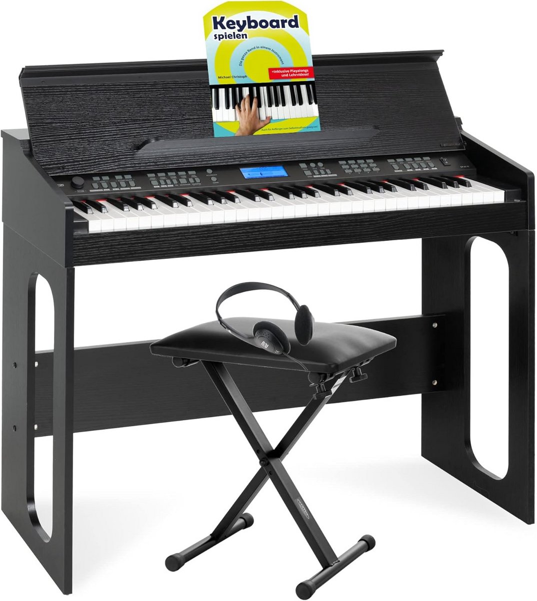 Keyboard 61 toetsen - 300 sounds en 300 ritmes - met begeleidingsautomaat, leerfunctie, songmodus, verlicht display, stereo luidsprekers, keyboardbank, koptelefoon en keyboard school - zwart