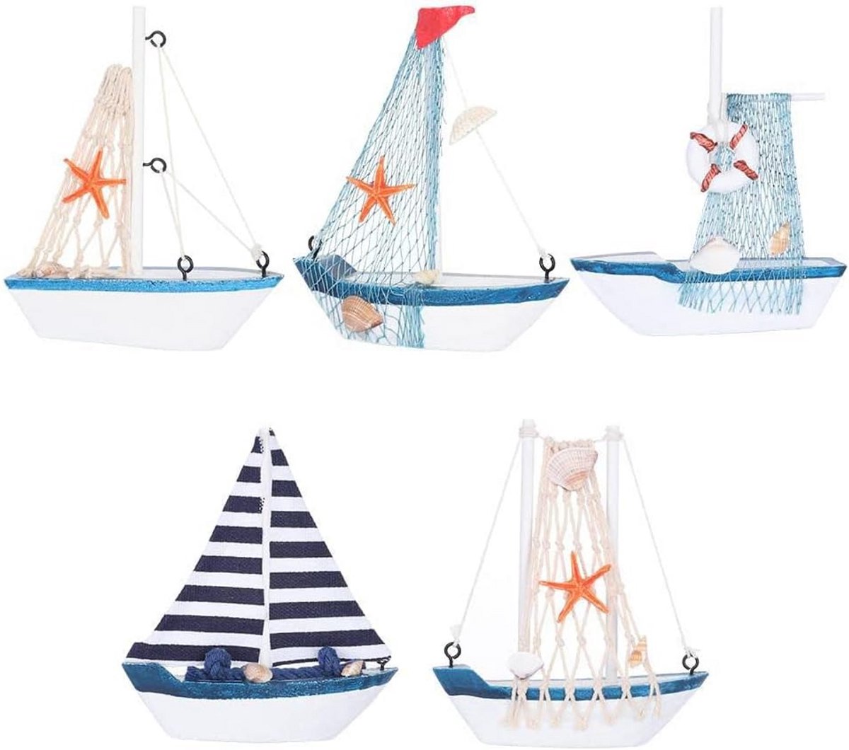 Mini zeilboot decoratie - mediterrane stijl - houten miniatuur 5 stuks