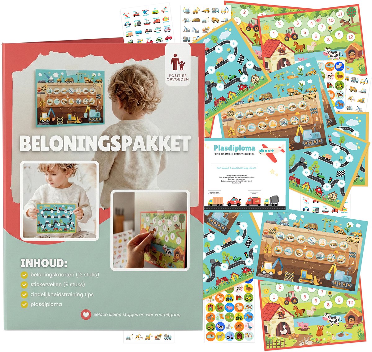 12 Grote Beloningskaarten - 315 Stickers en Diploma - Beloningspakket Zindelijkheidstraining