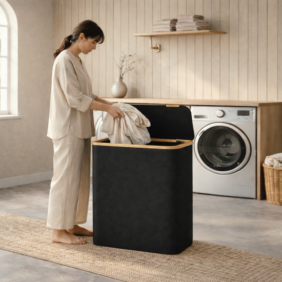 ACAZA Panier à Linge - Trieur de Linge - 3 Compartiments - Bamboe - Zwart