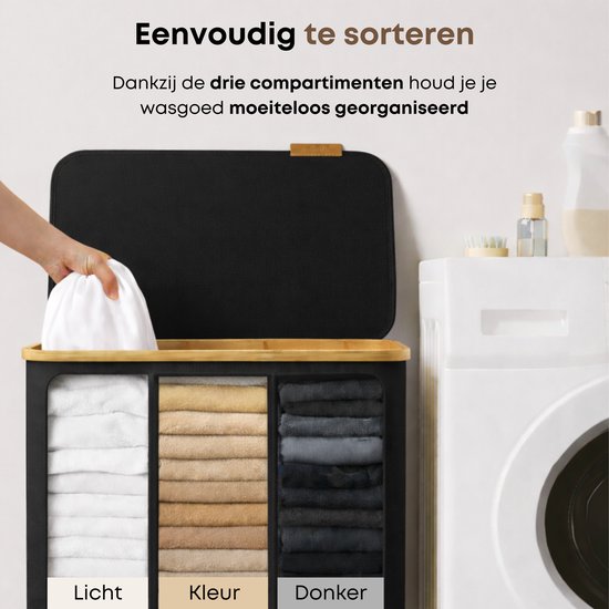 ACAZA Panier à Linge - Trieur de Linge - 3 Compartiments - Bamboe - Zwart