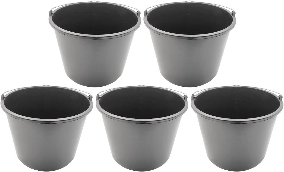 Stevige Bouwemmer 16 Liter met Maatstreep en Handvat - 5 Stuks