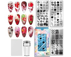MK Stoer - Hibiscus Bloem Nail Stempelen Platen - Nail Art Sjablonen - Rvs Afbeelding Platen - Bloemen Blad - Nagels Print - Bloesem Stencils - Tool Voor Vrouwen - Manicures Salon - Ontwerp Benodigdheden - Geschikt voor 3 stuks - Kleur of model