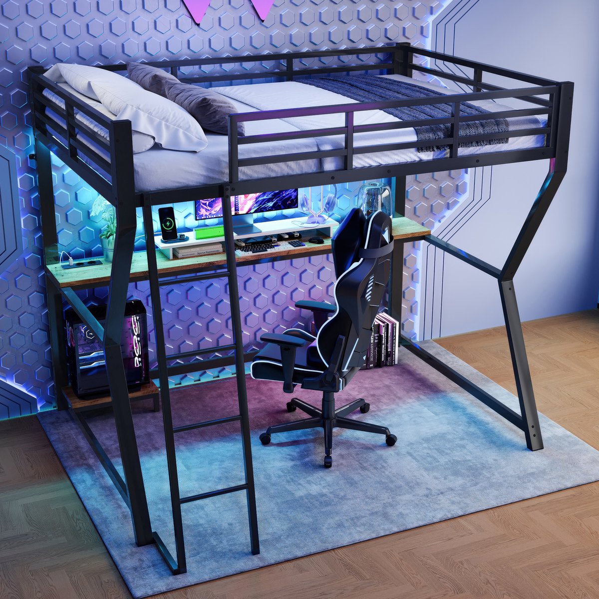 Hoogslaper 90*200cm, Metalen Tussenverdieping, Eenpersoonsbed met LED-verlichting, Computerconsoleplank, Bureau, Stopcontact+USB, Reling, Trap, Zonder matras, Zwart