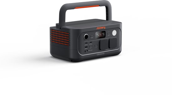 Donkergrijze Jackery Explorer 500 powerstation met oranje accenten, draaggreep en schaduw.