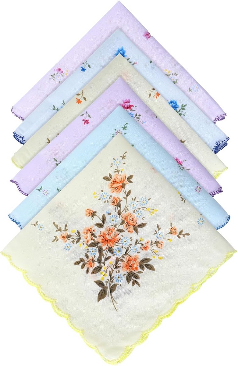 Set van 6 katoenen zakdoeken met vintage bloemenpatroon - zacht en kleurrijk
