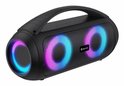 Zwarte Denver speaker met twee ronde woofers die roze en blauw oplichten. De speaker heeft een draaghendel bovenop.