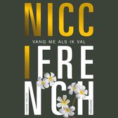 Boekomslag van "NICC VANG ME ALS IK VAL IFR ENCH" met witte frangipani bloemen tegen een donkergroene achtergrond.