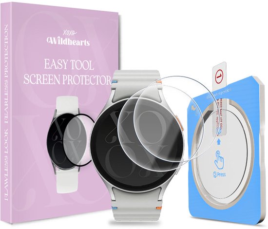 Witte smartwatch met grijze band en EASY TOOL SCREEN PROTECTOR verpakking. Een screenprotector ligt op de smartwatch.