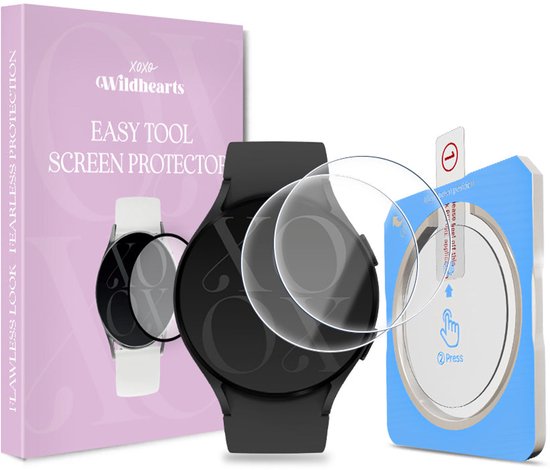 Verpakking van xoxo Wildhearts Easy Tool Screen Protector met een zwarte en witte smartwatch.
