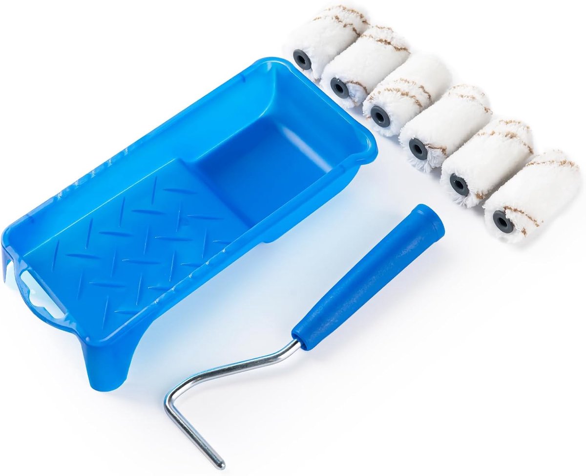 Imperatoris - Verfrollers Schuim - Sponsrollers voor Kinderen en Hobby - Voor Acrylverf en Stencils - Schilderen - 8 Stuks - 5 cm Microvezel Verfroller - 2 inch Rollerframe en Stabiele Verfbak van 5 cm - Blauw