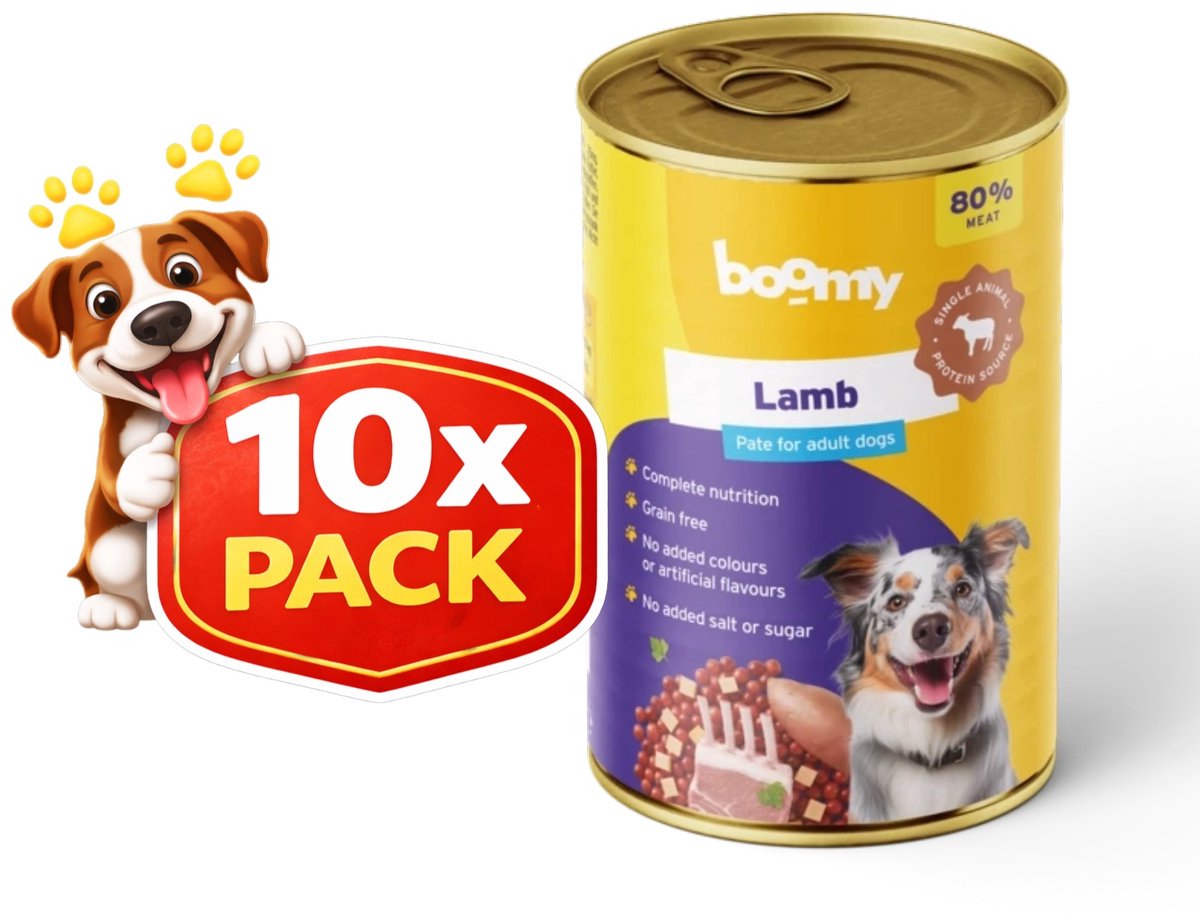 Boomy Boomy - Hondenvoer - Natvoer hond - Blikvoer hond - Mono proteïne - Graanvrij - Lam smaak - 80% vlees - Adult - 10 x 400g