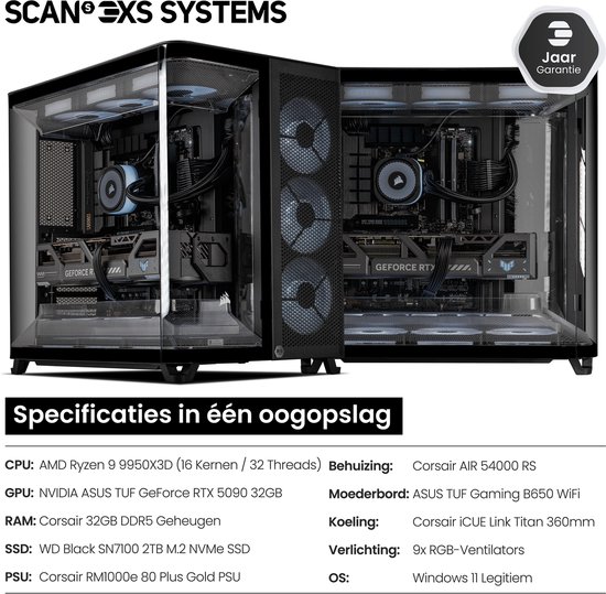 Scan 3XS Systems AIRO – Powered by ASUS – Stage 3 Ultimate Corsair iCUE Gaming PC – ASUS RTX 5090 – Ryzen 9 9950X3D – Corsair DDR5 32GB – WD Black 2TB SSD – 1000W PSU – 4K Ultra Max