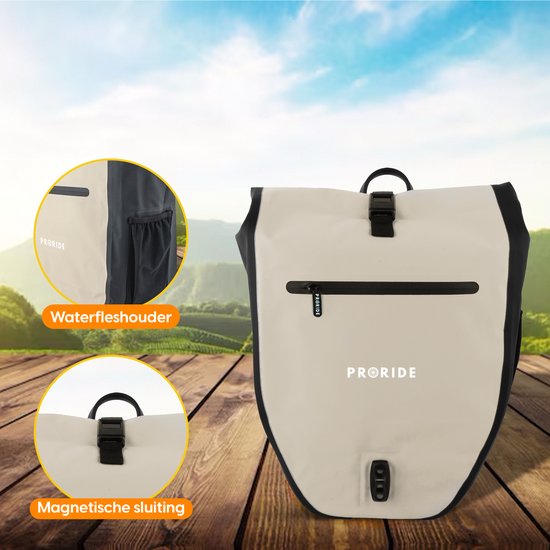 Enkele Fietstas Proride - 100% Waterdicht - 28 Liter - Pakaftas Elektrische Fietsen - Schoudertas - Inclusief Schouderband en Laptophoes - Bagagedrager - Reflector - Magnetische sluiting - Beige van Merkloos — afbeelding 4
