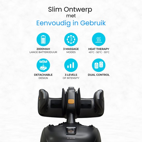 Zwart El Suvon voetmassageapparaat met iconen voor batterijduur, massagemodi, warmtetherapie en intensiteitsniveaus.